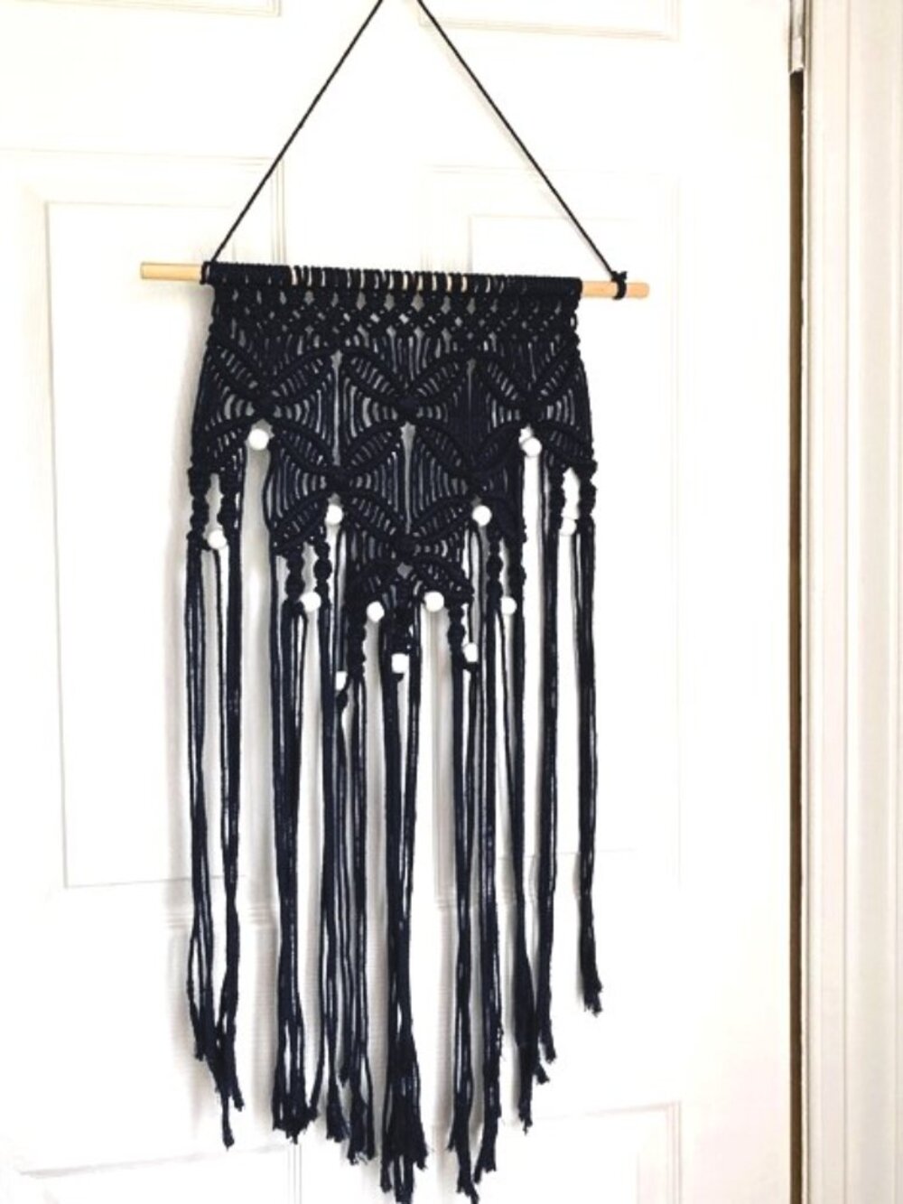 Boho Bohemian Macrame Navy Blue Wall Hanging with White Wooden Beads 38 x 13 in
